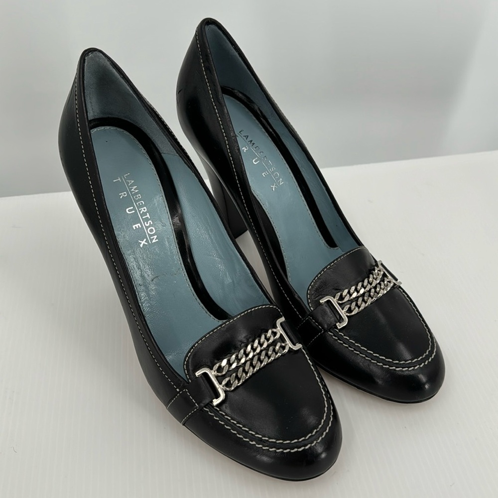 Lambertson Truex-Black Leather Classic High Heal with Silver Chain Size 7.5/38